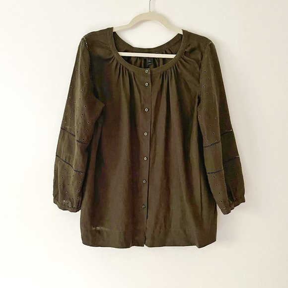 J. Crew Circle Eyelet Cut Out 100% Linen Blouse in Dark Moss Size Large … - Picture 1 of 6